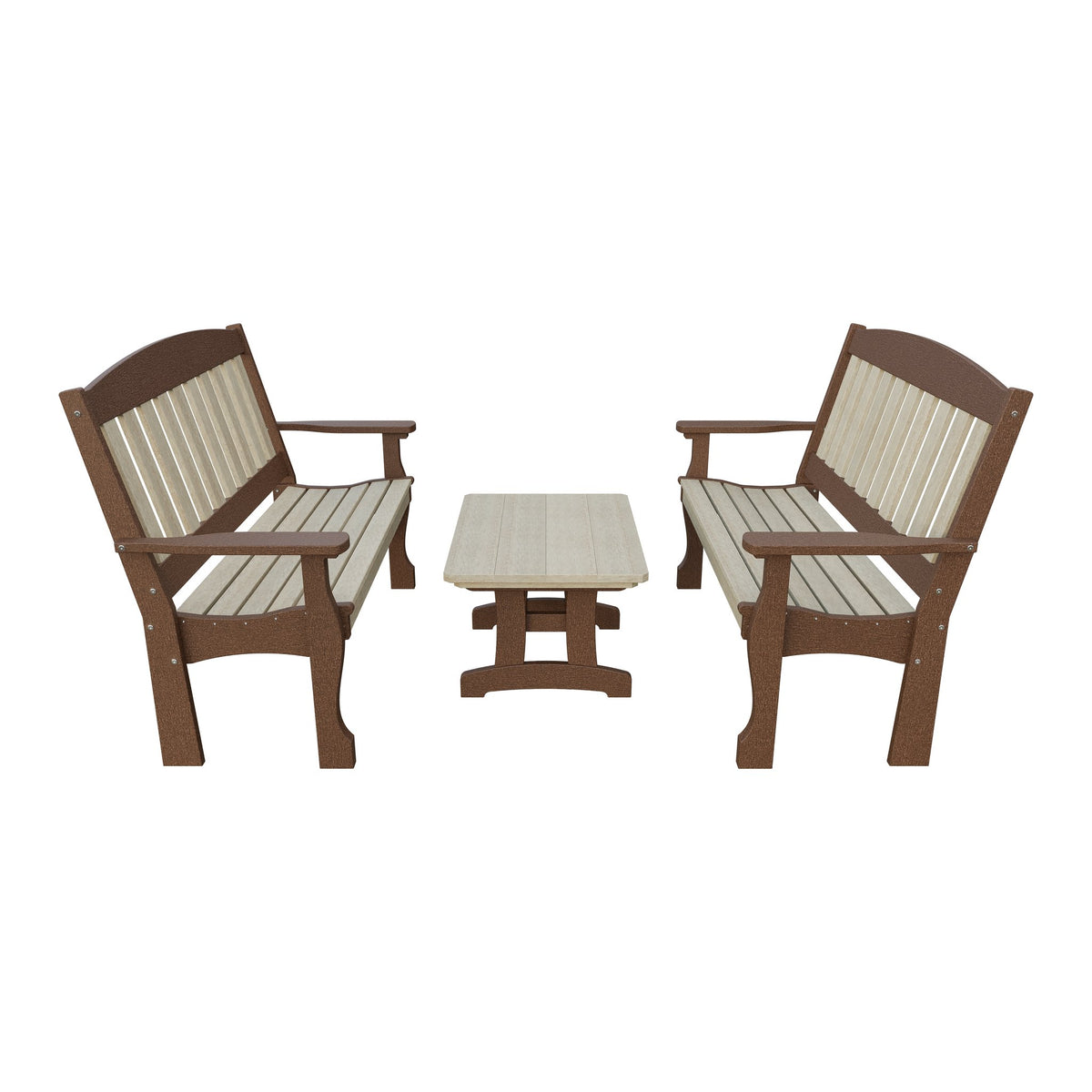 Amish Spanish Garden 3-Piece Patio Set: 2 Benches & Coffee Table in Birchwood & Tudor Brown