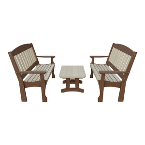 Amish Spanish Garden 3-Piece Patio Set: 2 Benches & Coffee Table in Birchwood & Tudor Brown