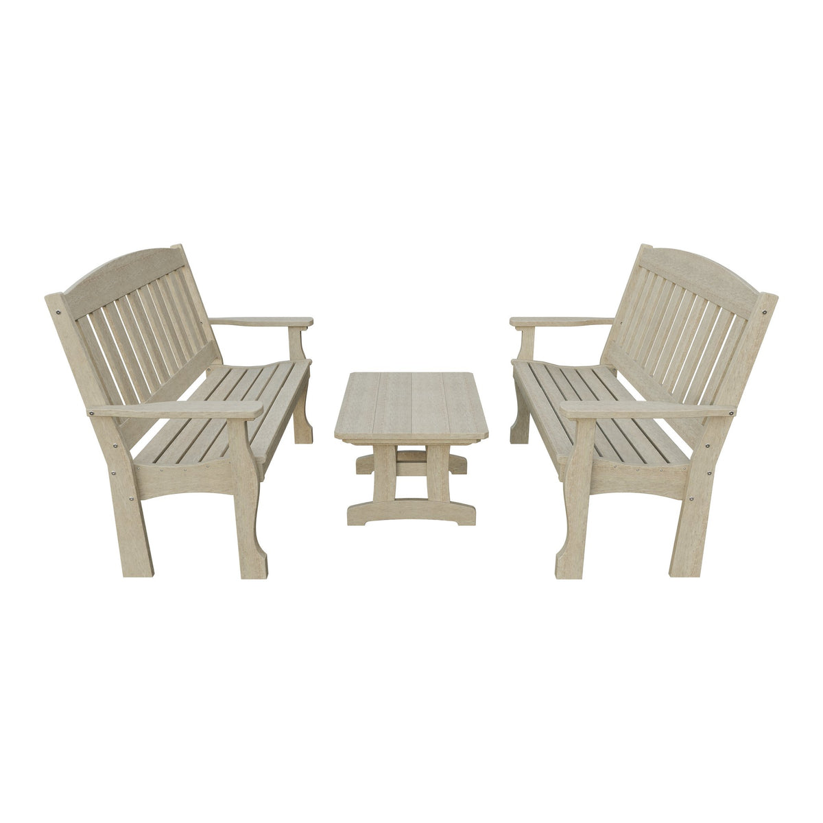 Amish Spanish Garden 3-Piece Patio Set: 2 Benches & Coffee Table in Birchwood