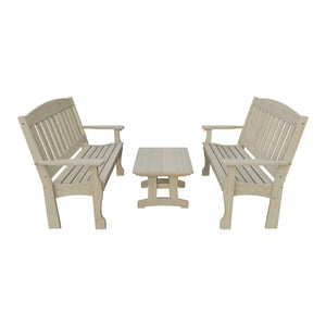 Amish Spanish Garden 3-Piece Patio Set: 2 Benches & Coffee Table in Birchwood
