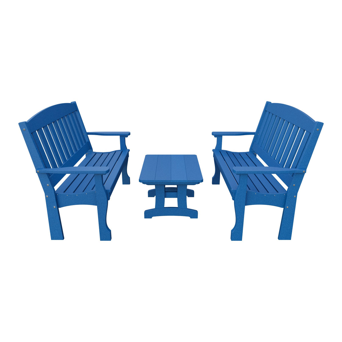 Amish Spanish Garden 3-Piece Patio Set: 2 Benches & Coffee Table in Blue