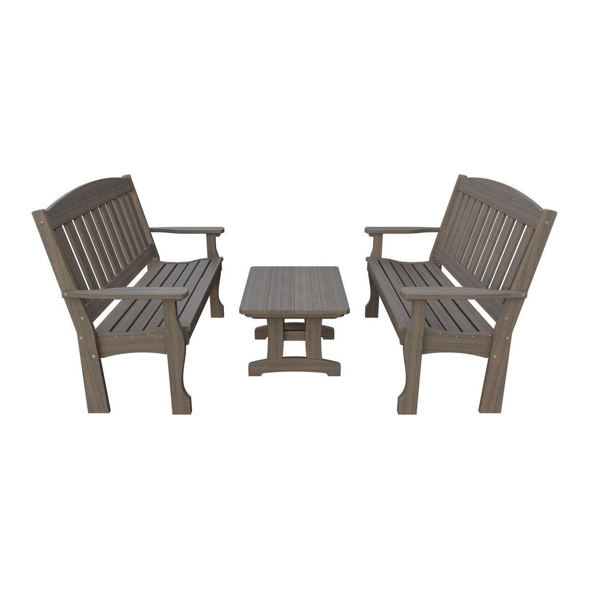 Amish Spanish Garden 3-Piece Patio Set: 2 Benches & Coffee Table in Brazilian Walnut