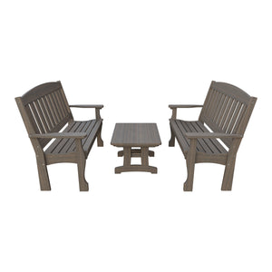 Amish Spanish Garden 3-Piece Patio Set: 2 Benches & Coffee Table in Brazilian Walnut