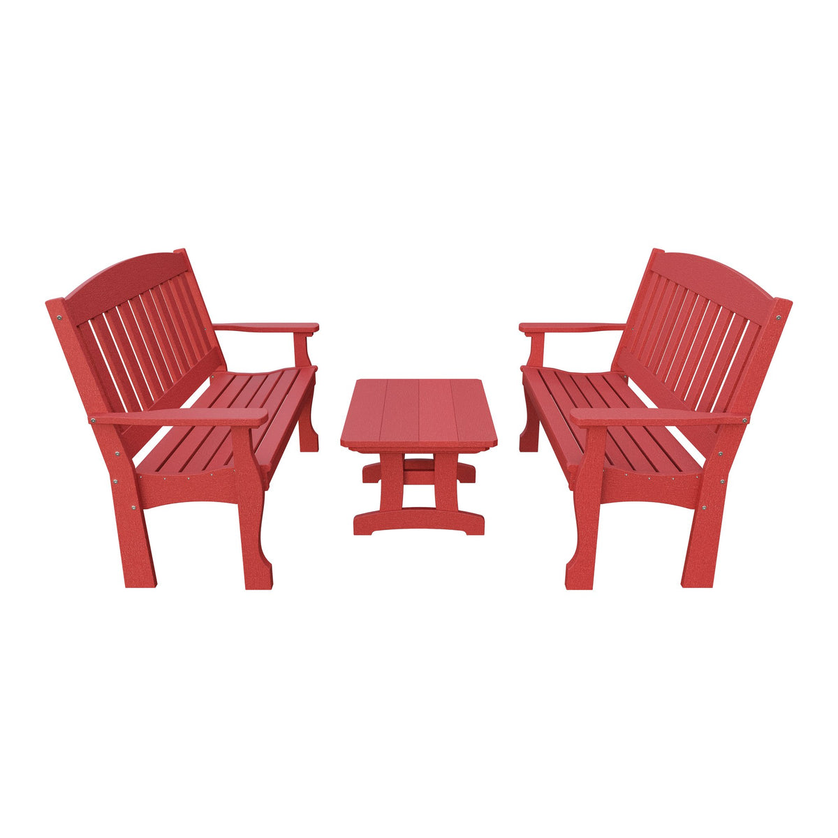 Amish Spanish Garden 3-Piece Patio Set: 2 Benches & Coffee Table in Cardinal Red