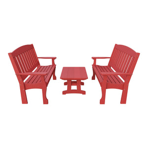 Amish Spanish Garden 3-Piece Patio Set: 2 Benches & Coffee Table in Cardinal Red