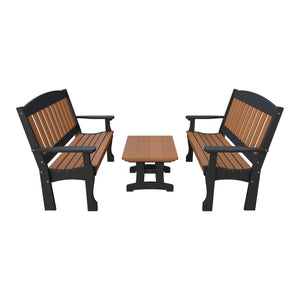 Amish Spanish Garden 3-Piece Patio Set: 2 Benches & Coffee Table in Cedar & Black