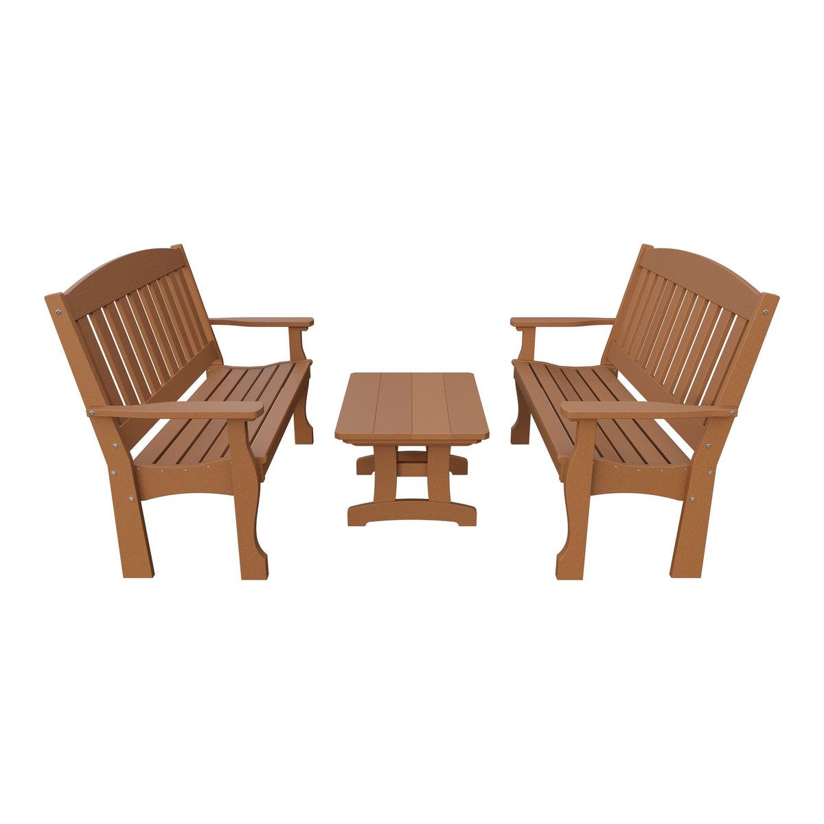 Amish Spanish Garden 3-Piece Patio Set: 2 Benches & Coffee Table in Cedar
