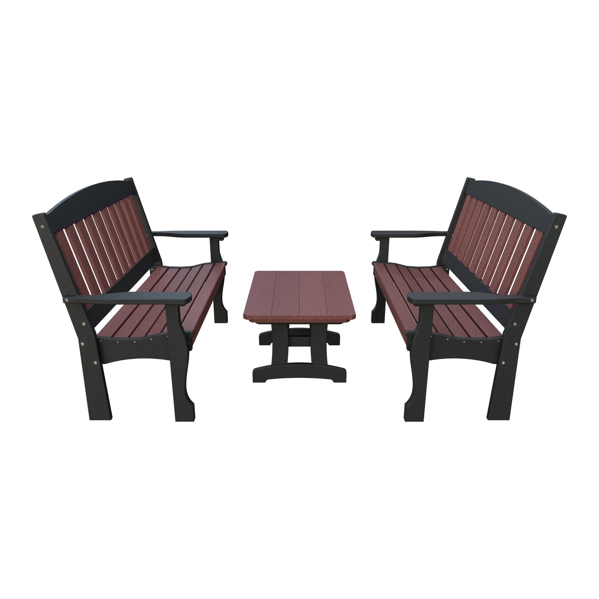 Amish Spanish Garden 3-Piece Patio Set: 2 Benches & Coffee Table in Cherrywood & Black