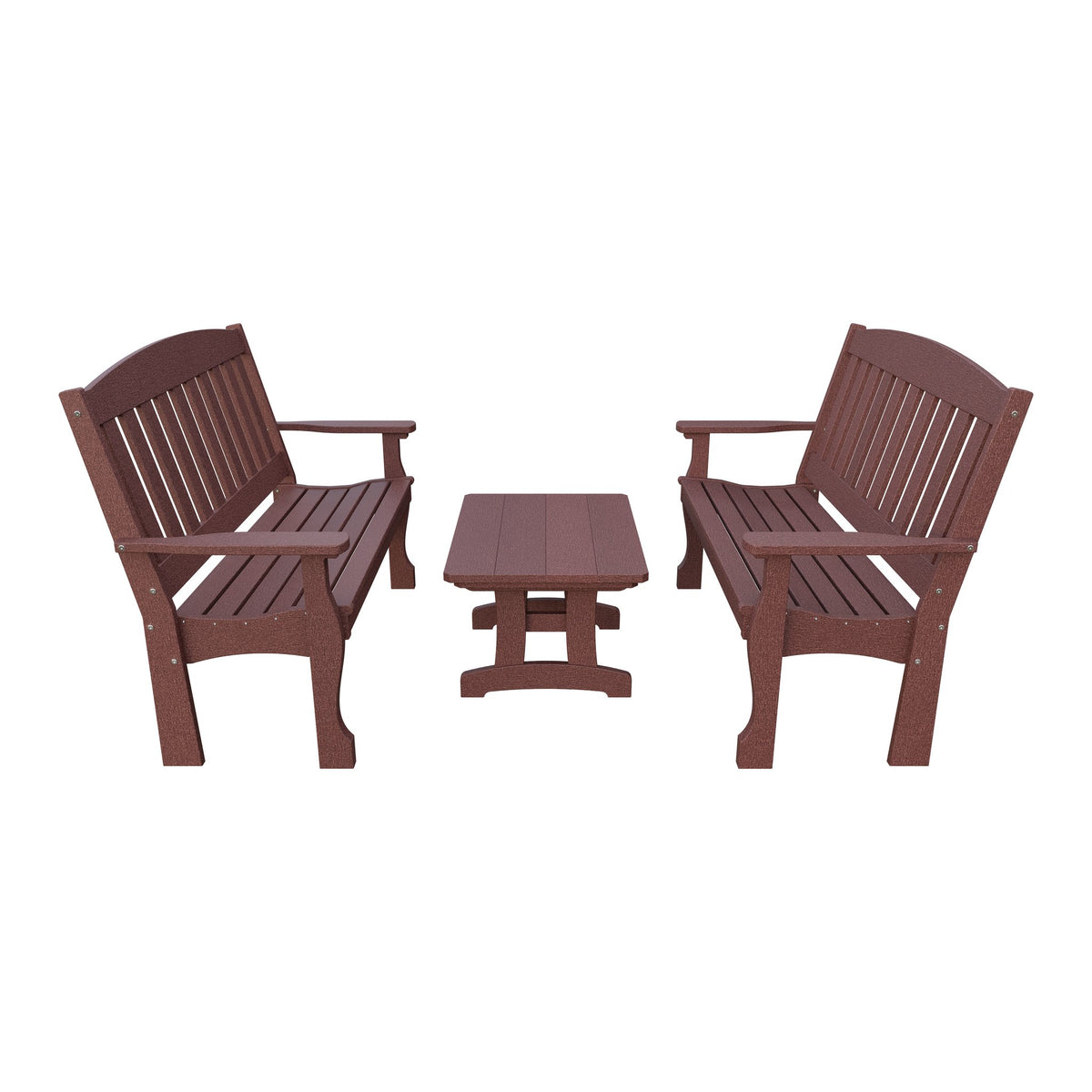 Amish Spanish Garden 3-Piece Patio Set: 2 Benches & Coffee Table in Cherrywood