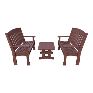Amish Spanish Garden 3-Piece Patio Set: 2 Benches & Coffee Table in Cherrywood