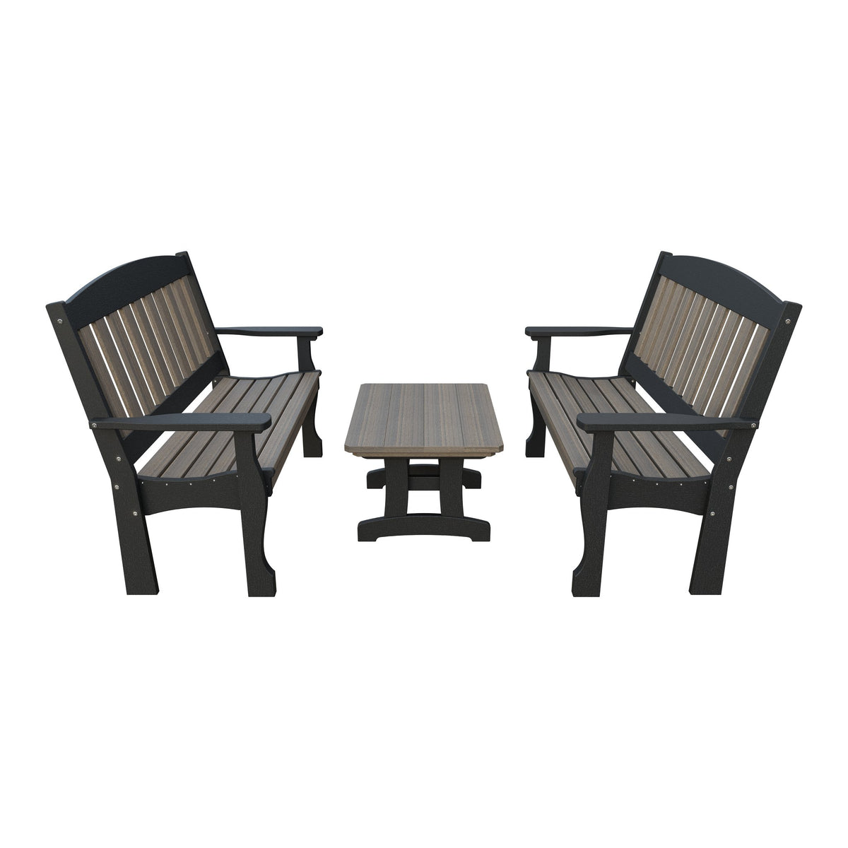 Amish Spanish Garden 3-Piece Patio Set: 2 Benches & Coffee Table in Coastal Gray & Black