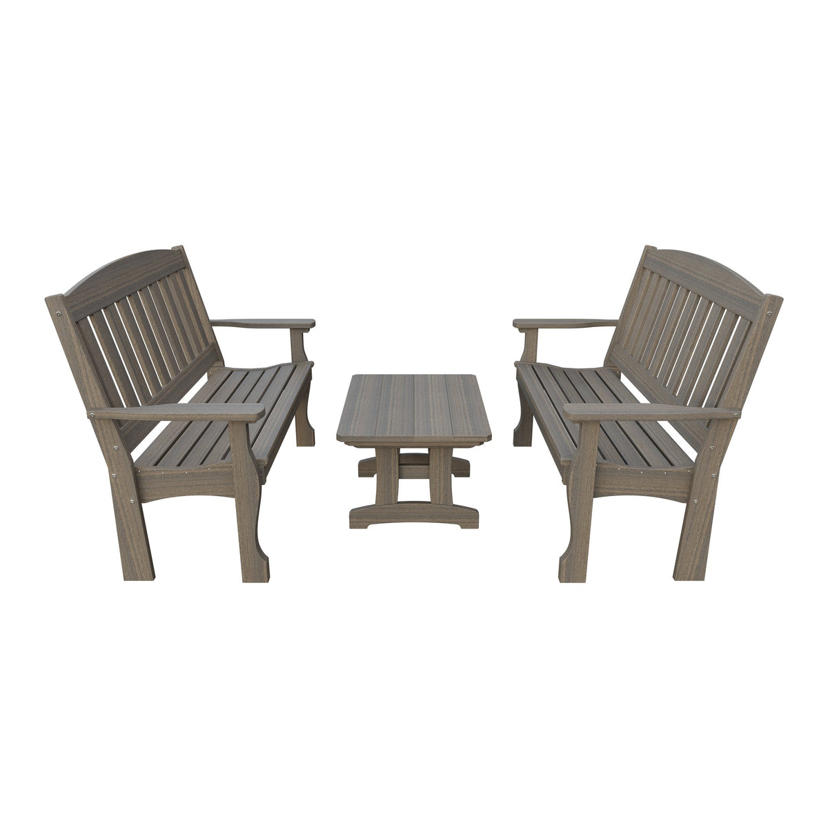 Amish Spanish Garden 3-Piece Patio Set: 2 Benches & Coffee Table in Coastal Gray