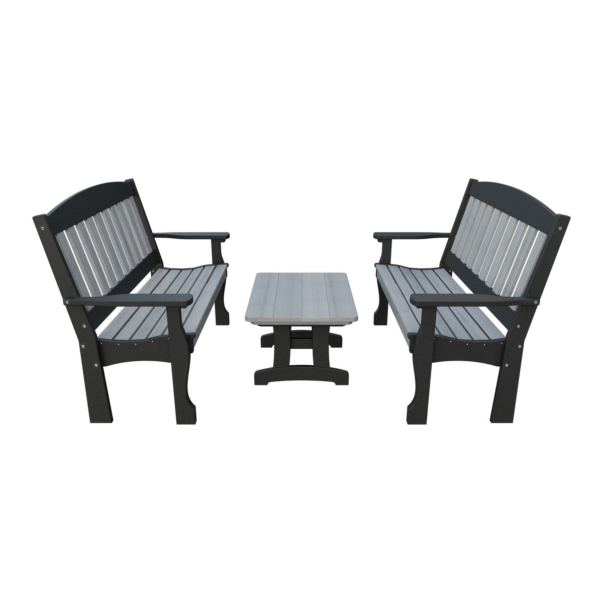 Amish Spanish Garden 3-Piece Patio Set: 2 Benches & Coffee Table in Driftwood Gray & Black