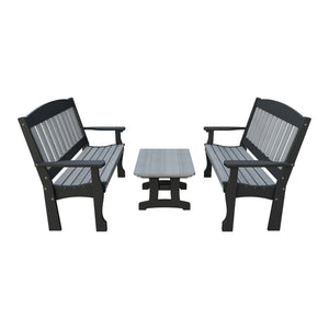 Amish Spanish Garden 3-Piece Patio Set: 2 Benches & Coffee Table in Driftwood Gray & Black