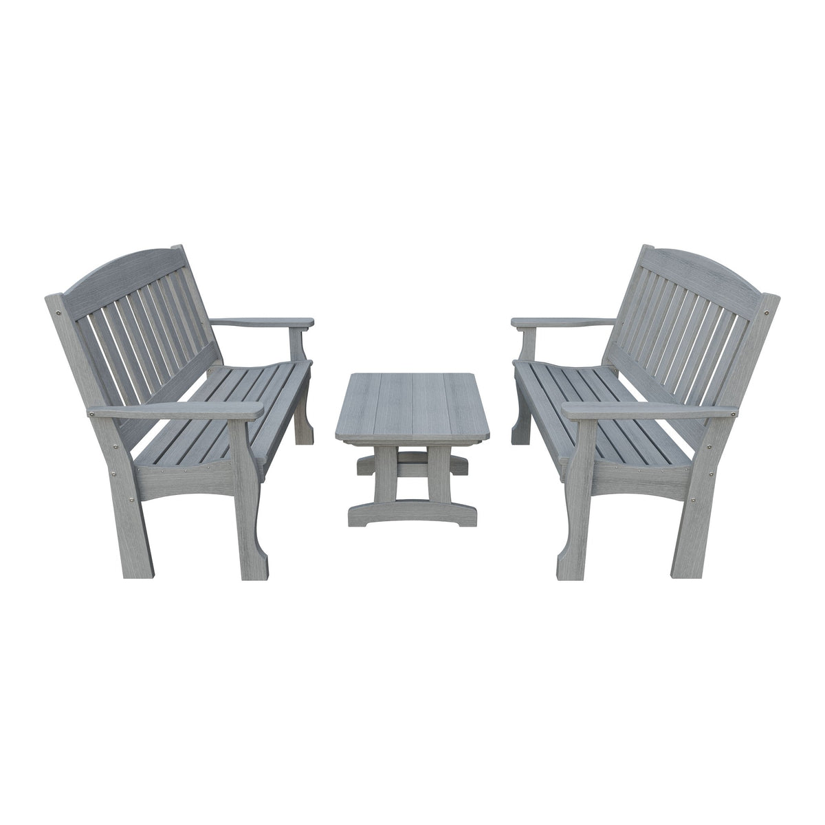 Amish Spanish Garden 3-Piece Patio Set: 2 Benches & Coffee Table in Driftwood Gray
