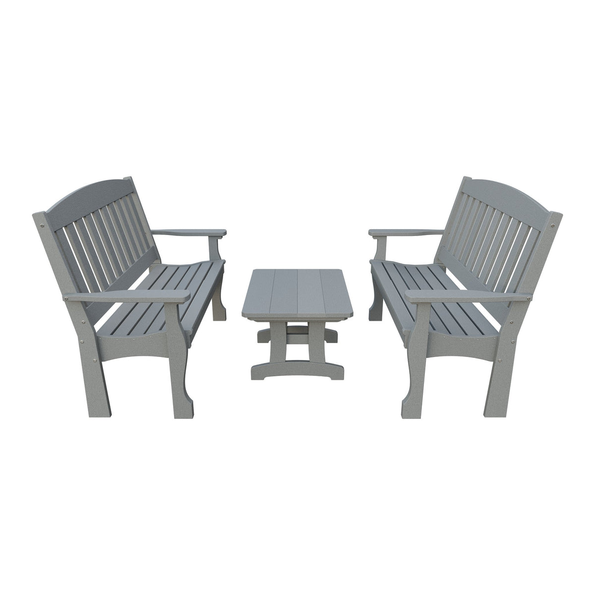 Amish Spanish Garden 3-Piece Patio Set: 2 Benches & Coffee Table in Light Gray