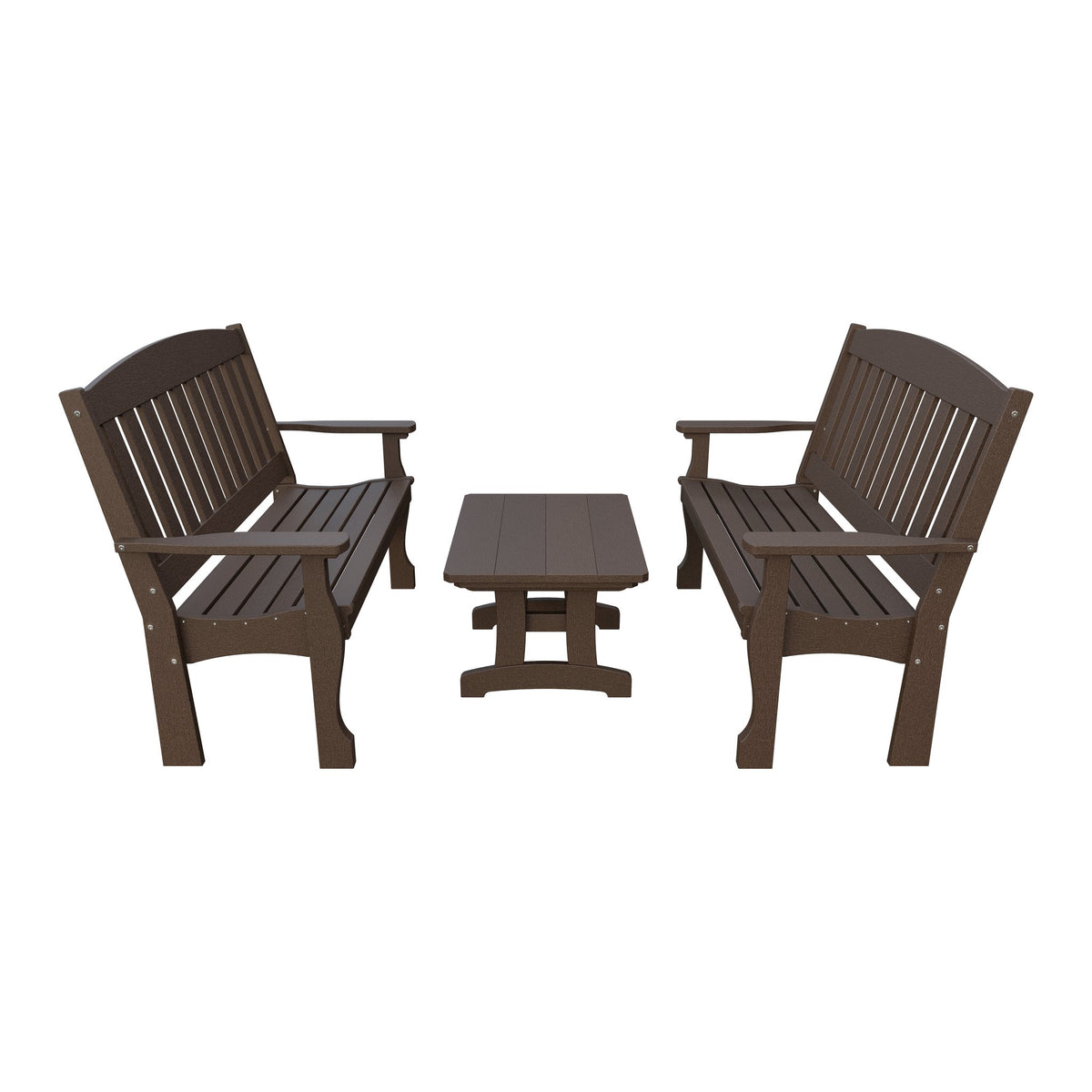 Amish Spanish Garden 3-Piece Patio Set: 2 Benches & Coffee Table in Milwaukee Brown