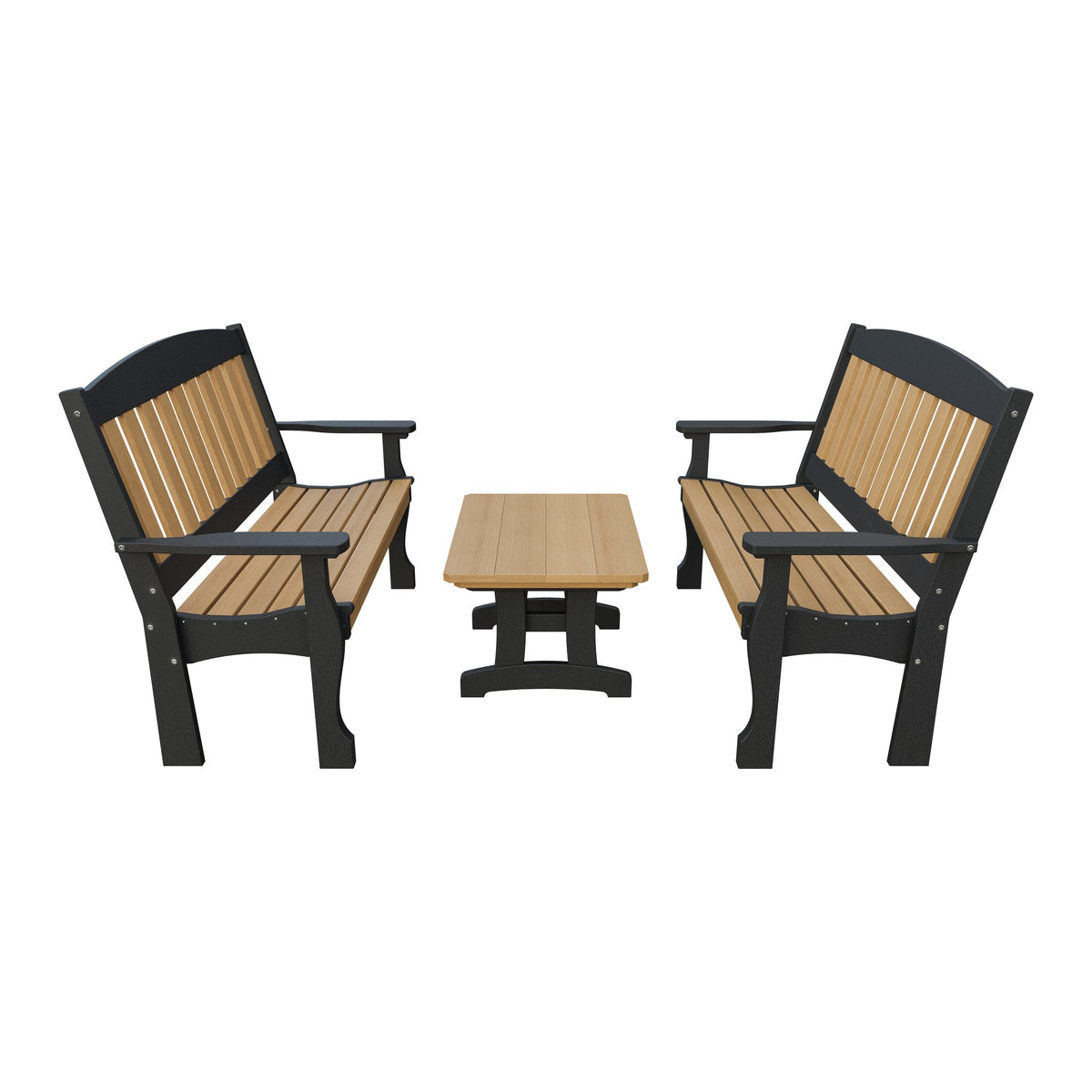 Amish Spanish Garden 3-Piece Patio Set: 2 Benches & Coffee Table in Natural Teak & Black