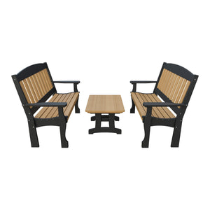 Amish Spanish Garden 3-Piece Patio Set: 2 Benches & Coffee Table in Natural Teak & Black