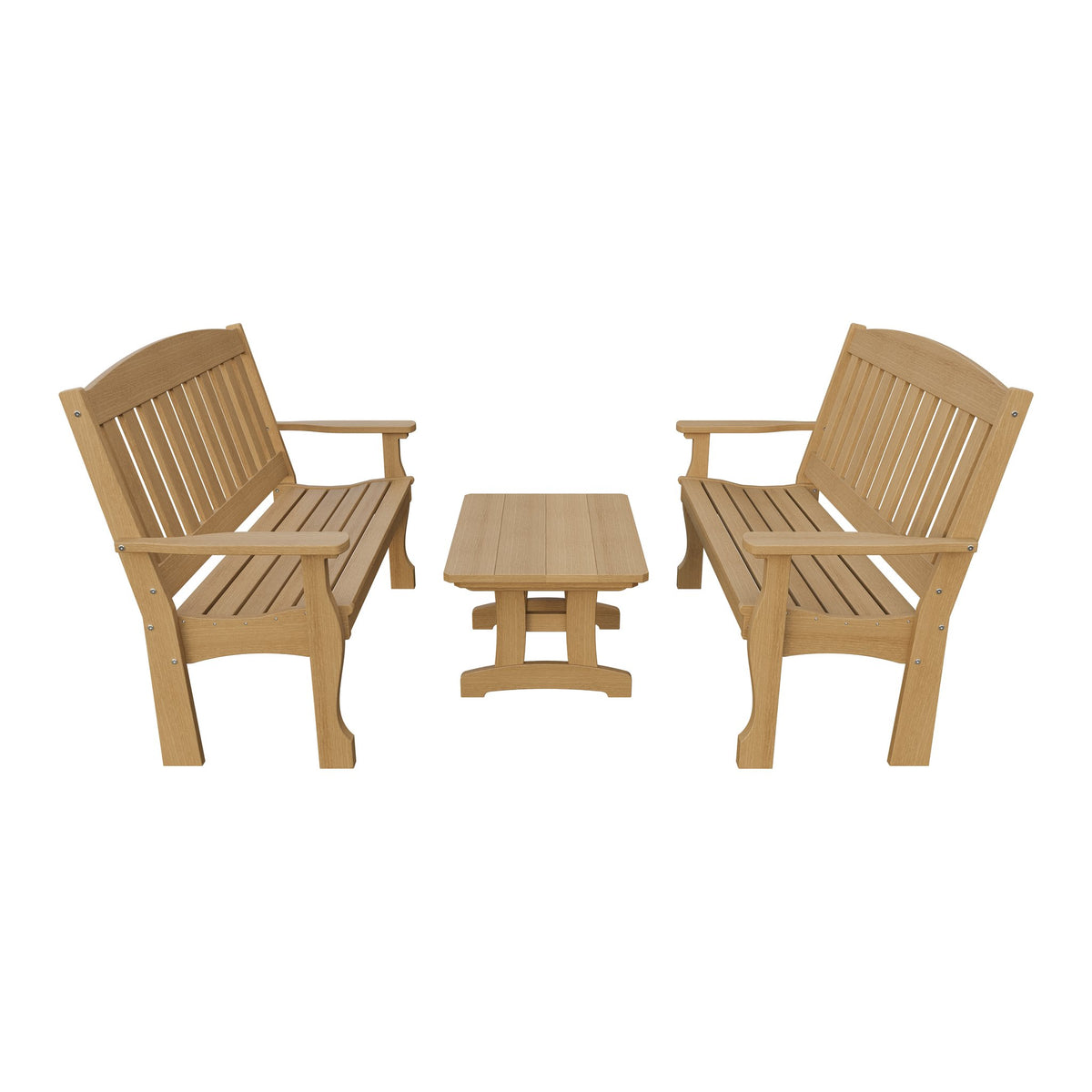 Amish Spanish Garden 3-Piece Patio Set: 2 Benches & Coffee Table in Natural Teak