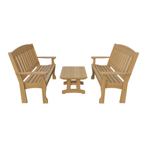 Amish Spanish Garden 3-Piece Patio Set: 2 Benches & Coffee Table in Natural Teak