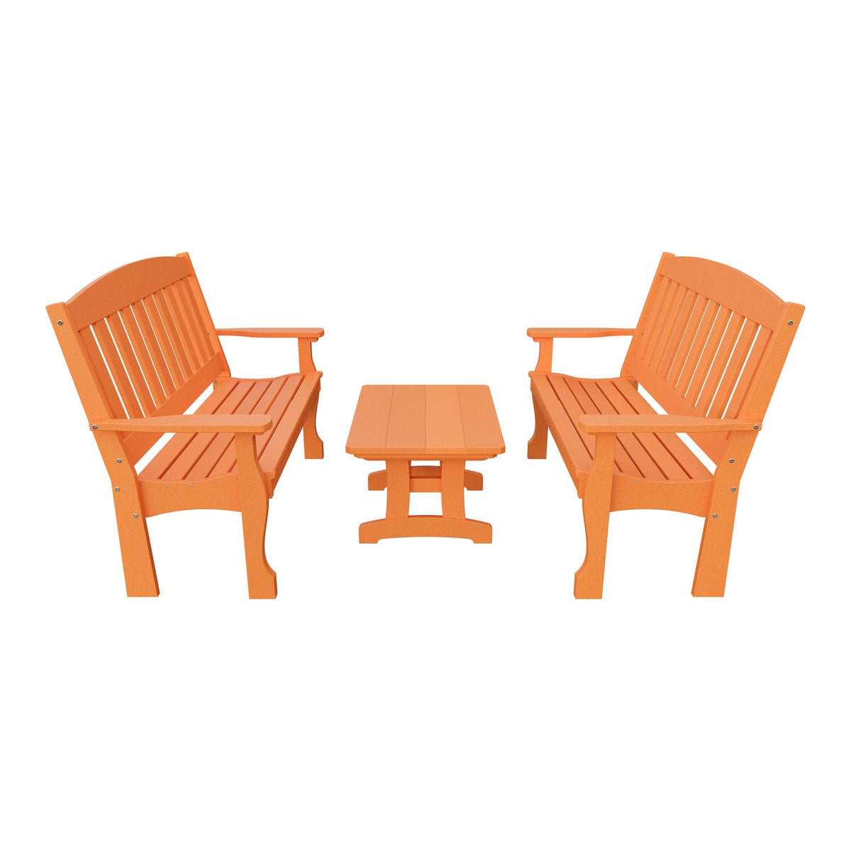 Amish Spanish Garden 3-Piece Patio Set: 2 Benches & Coffee Table in Bright Orange