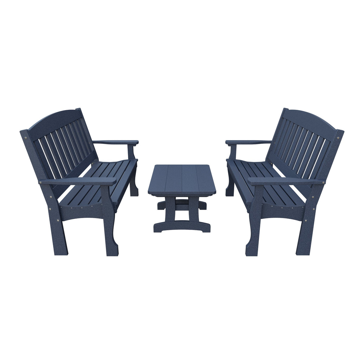 Amish Spanish Garden 3-Piece Patio Set: 2 Benches & Coffee Table in Patriot Blue