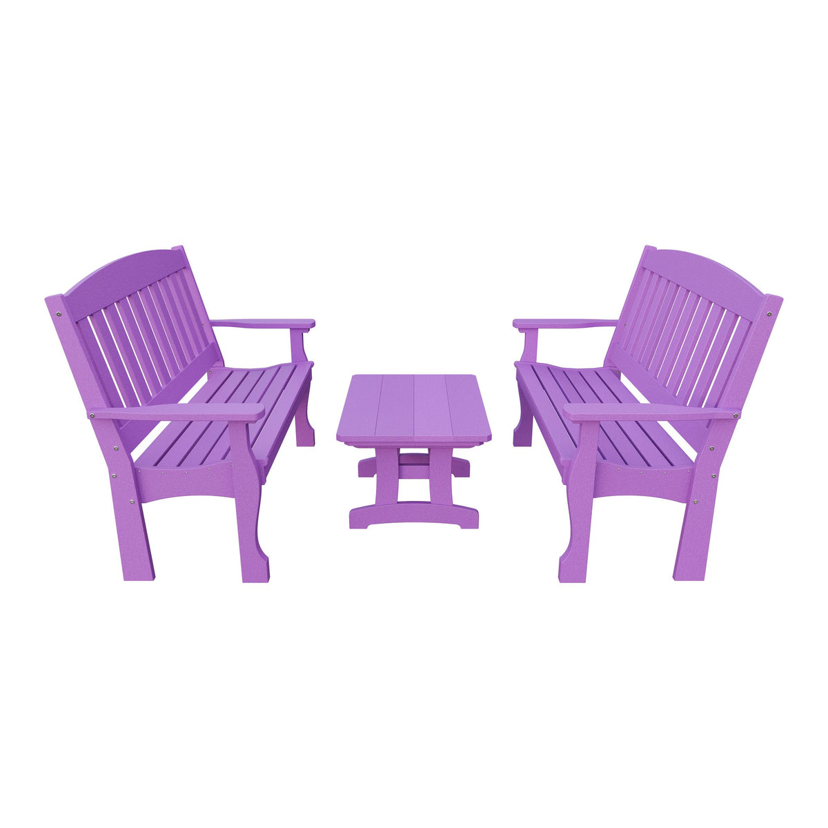 Amish Spanish Garden 3-Piece Patio Set: 2 Benches & Coffee Table in Bright Purple