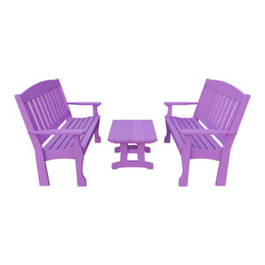 Amish Spanish Garden 3-Piece Patio Set: 2 Benches & Coffee Table in Bright Purple