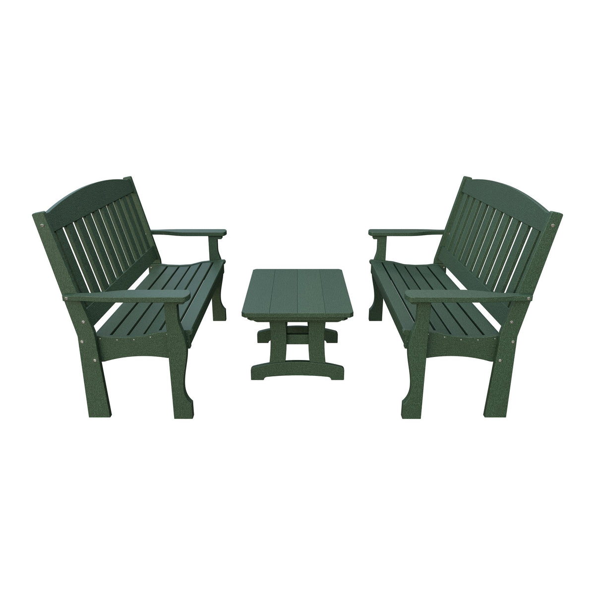 Amish Spanish Garden 3-Piece Patio Set: 2 Benches & Coffee Table in Turf Green