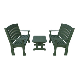Amish Spanish Garden 3-Piece Patio Set: 2 Benches & Coffee Table in Turf Green