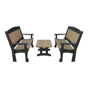 Amish Spanish Garden 3-Piece Patio Set: 2 Benches & Coffee Table in Weathered Wood & Black