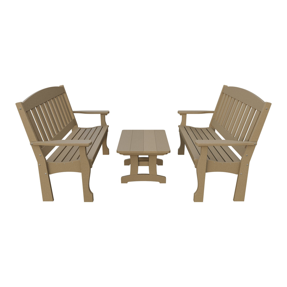 Amish Spanish Garden 3-Piece Patio Set: 2 Benches & Coffee Table in Weathered Wood