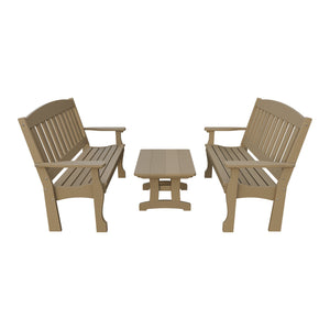 Amish Spanish Garden 3-Piece Patio Set: 2 Benches & Coffee Table in Weathered Wood