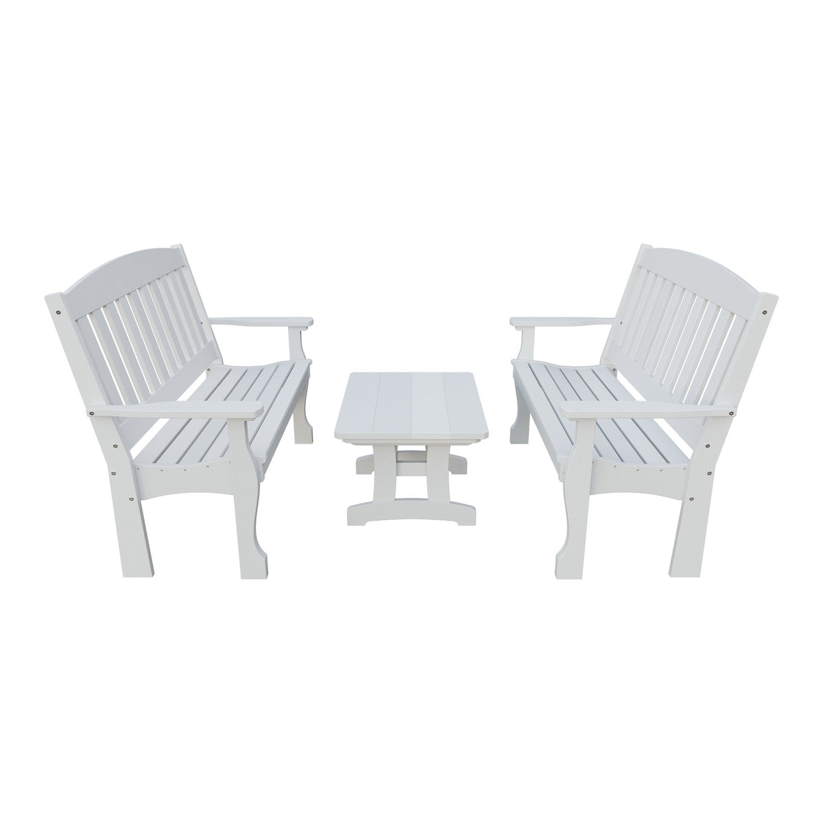 Amish Spanish Garden 3-Piece Patio Set: 2 Benches & Coffee Table in Bright White