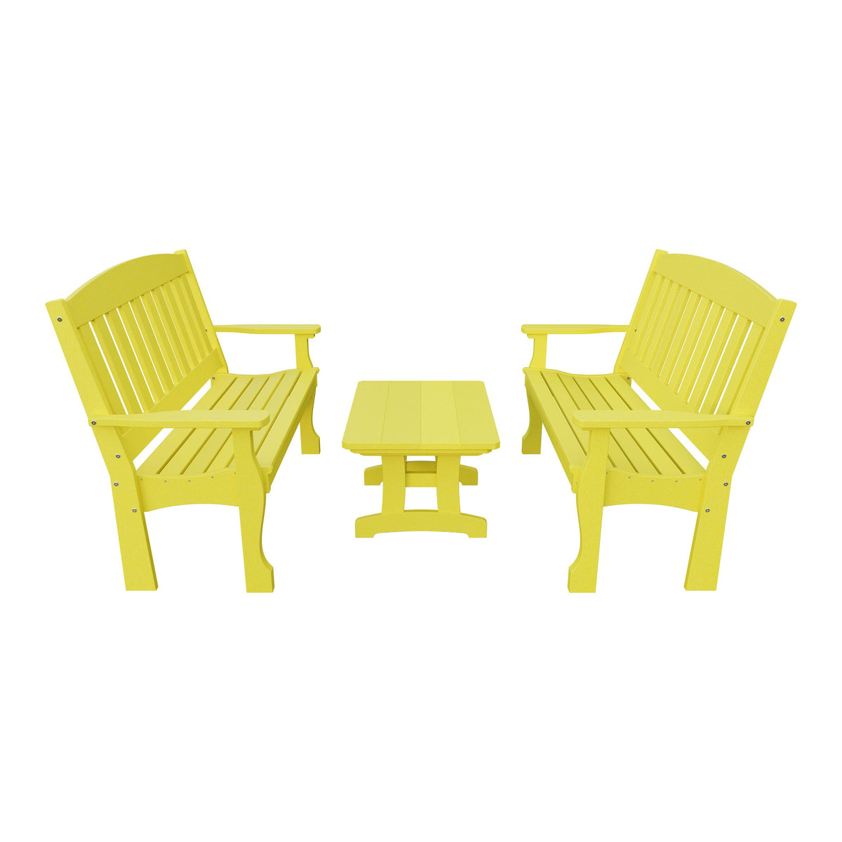 Amish Spanish Garden 3-Piece Patio Set: 2 Benches & Coffee Table in Lemon Yellow