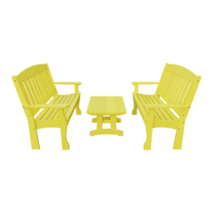 Amish Spanish Garden 3-Piece Patio Set: 2 Benches & Coffee Table in Lemon Yellow