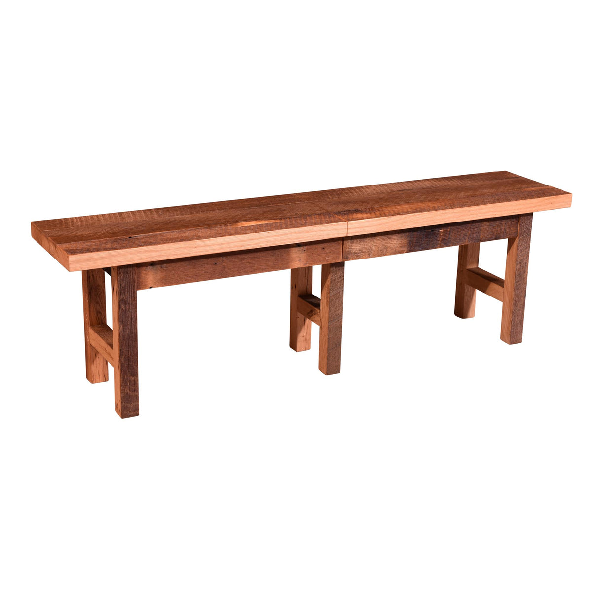 A rustic wooden bench with a rectangular seat and four legs, shown on a plain white background.