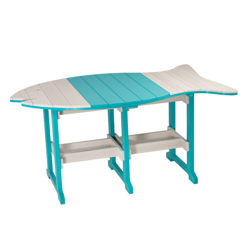 White background view of the 45 by 73 inch fish shaped poly table with aruba blue center planks and tail shaped ends
