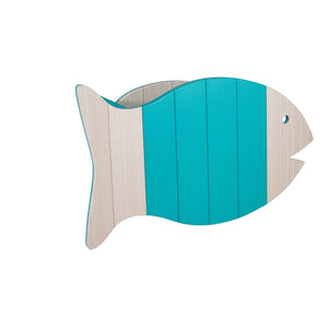 Fish shaped poly tabletop panel with teal center planks and driftwood head and tail, shown flat on a white background