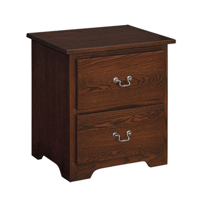 Shaker 2-drawer nightstand in dark oak with visible grain, antique pewter bail pulls and a scalloped base skirt