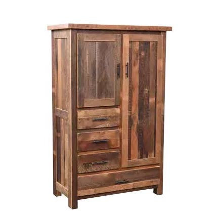 A rustic wooden storage cabinet with two doors and three drawers, made from reclaimed wood with varied brown tones and dark metal handles, shown on a plain white background.