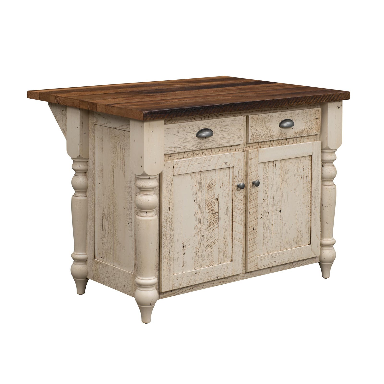 A rustic farmhouse-style kitchen island with a distressed off-white wood cabinet base and a dark brown wooden countertop, featuring two drawers and two cabinet doors with small metal knobs.