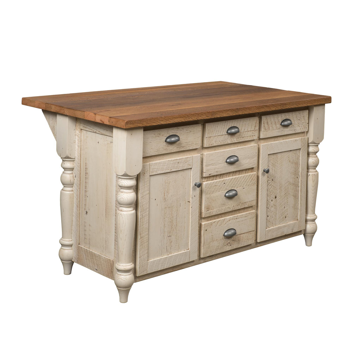 A rustic farmhouse-style kitchen island or buffet table with a distressed off-white painted wood frame, turned legs, and a medium brown wooden top. It features multiple drawers and cabinet doors with round metal pulls.