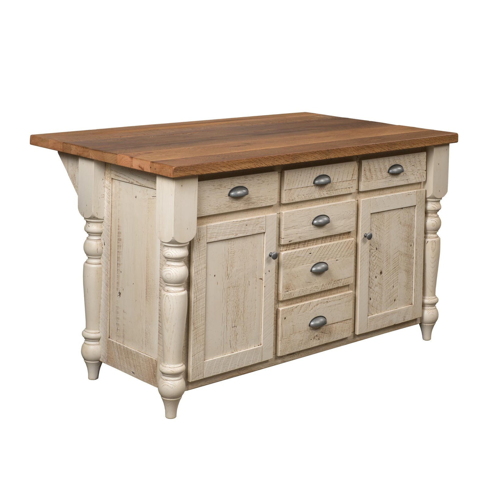 A rustic farmhouse-style kitchen island or buffet table with a distressed off-white painted wood frame, turned legs, and a medium brown wooden top. It features multiple drawers and cabinet doors with round metal pulls.
