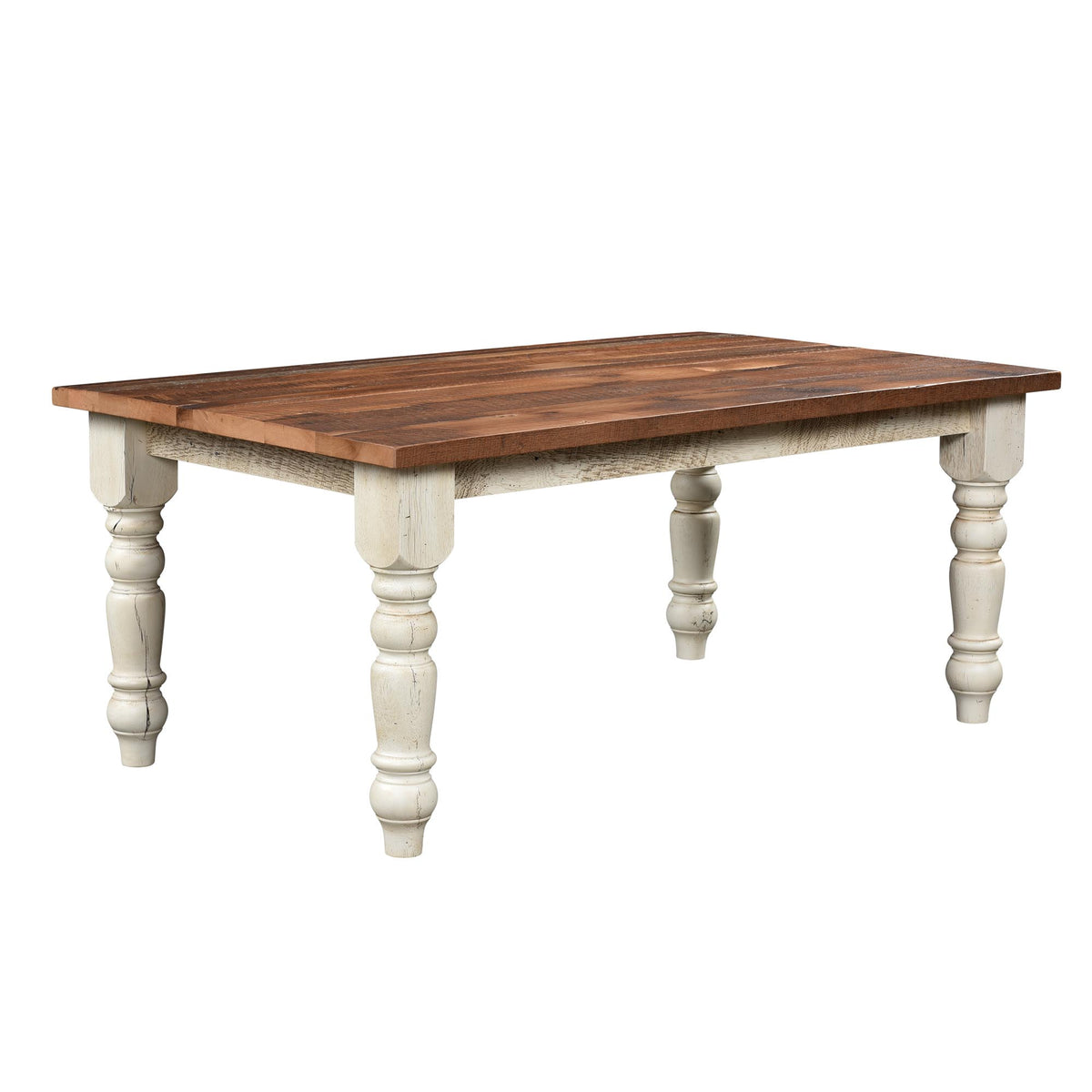 A rustic farmhouse-style rectangular table with a medium brown wood top and distressed white turned legs, shown on a plain white background.