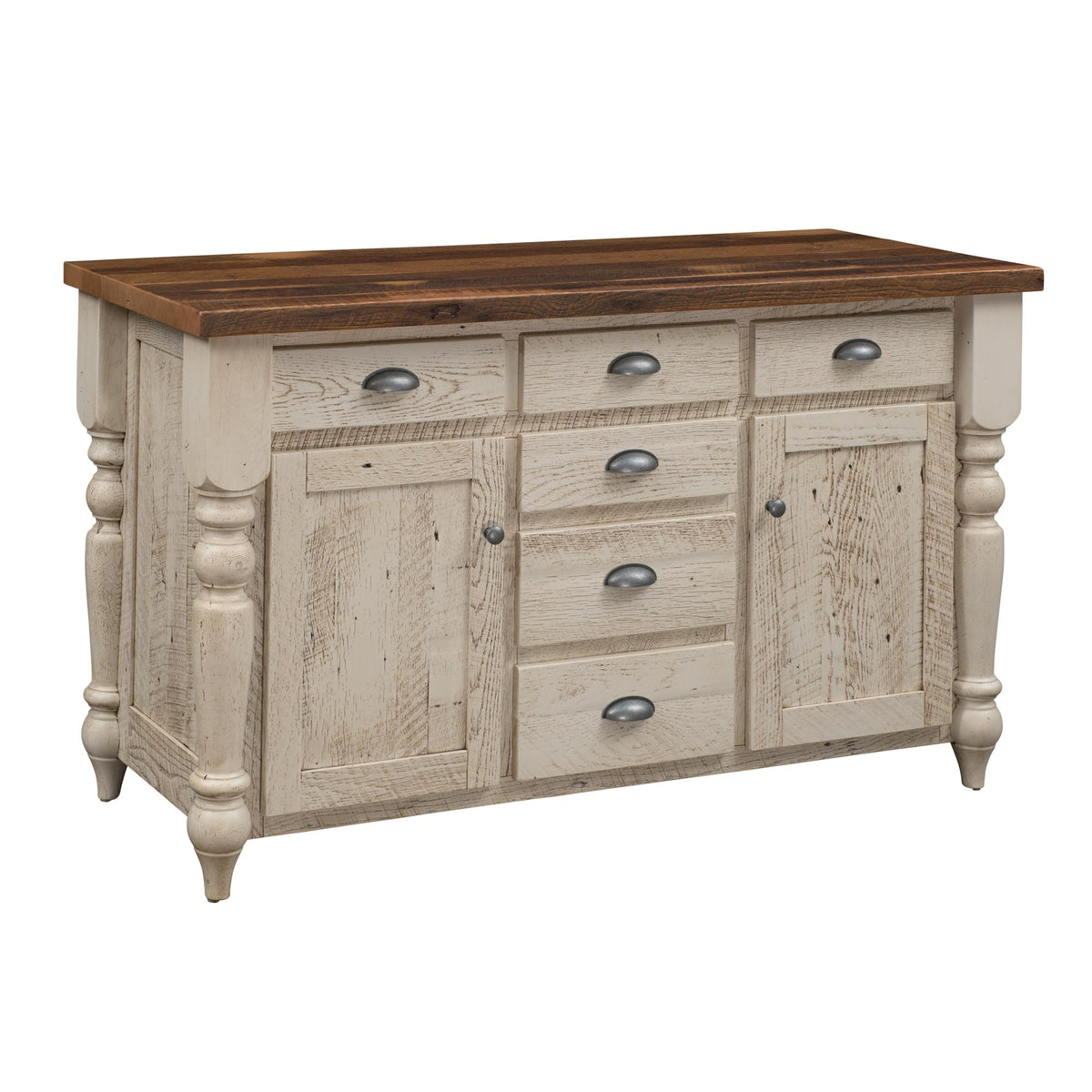 A rustic farmhouse-style sideboard cabinet with a whitewashed distressed finish, a dark brown wood top, and five drawers with silver metal pulls.