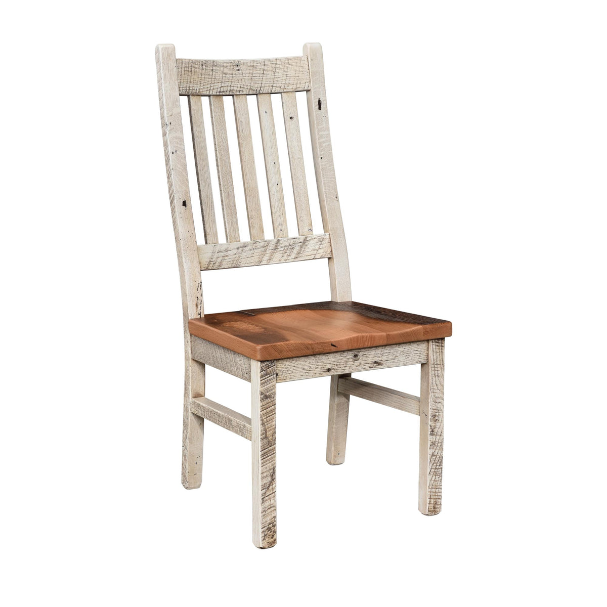 A rustic wooden dining chair with a distressed off-white frame and a medium brown wooden seat, shown against a plain white background.