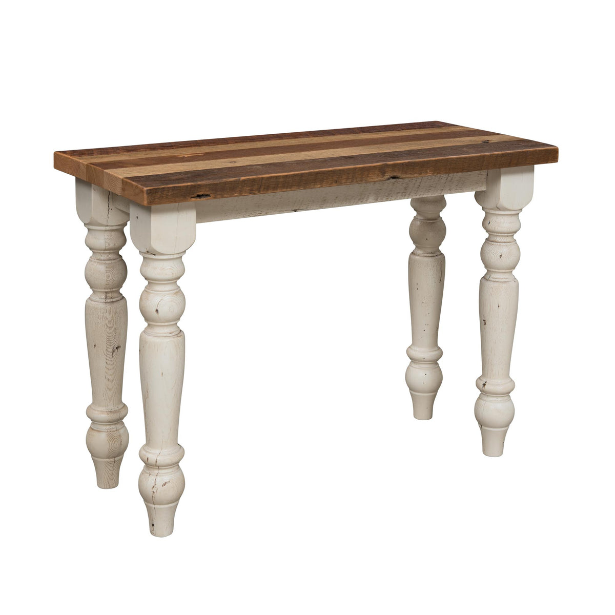 A rustic console table with a striped brown wood top and distressed white turned legs, shown on a plain white background.