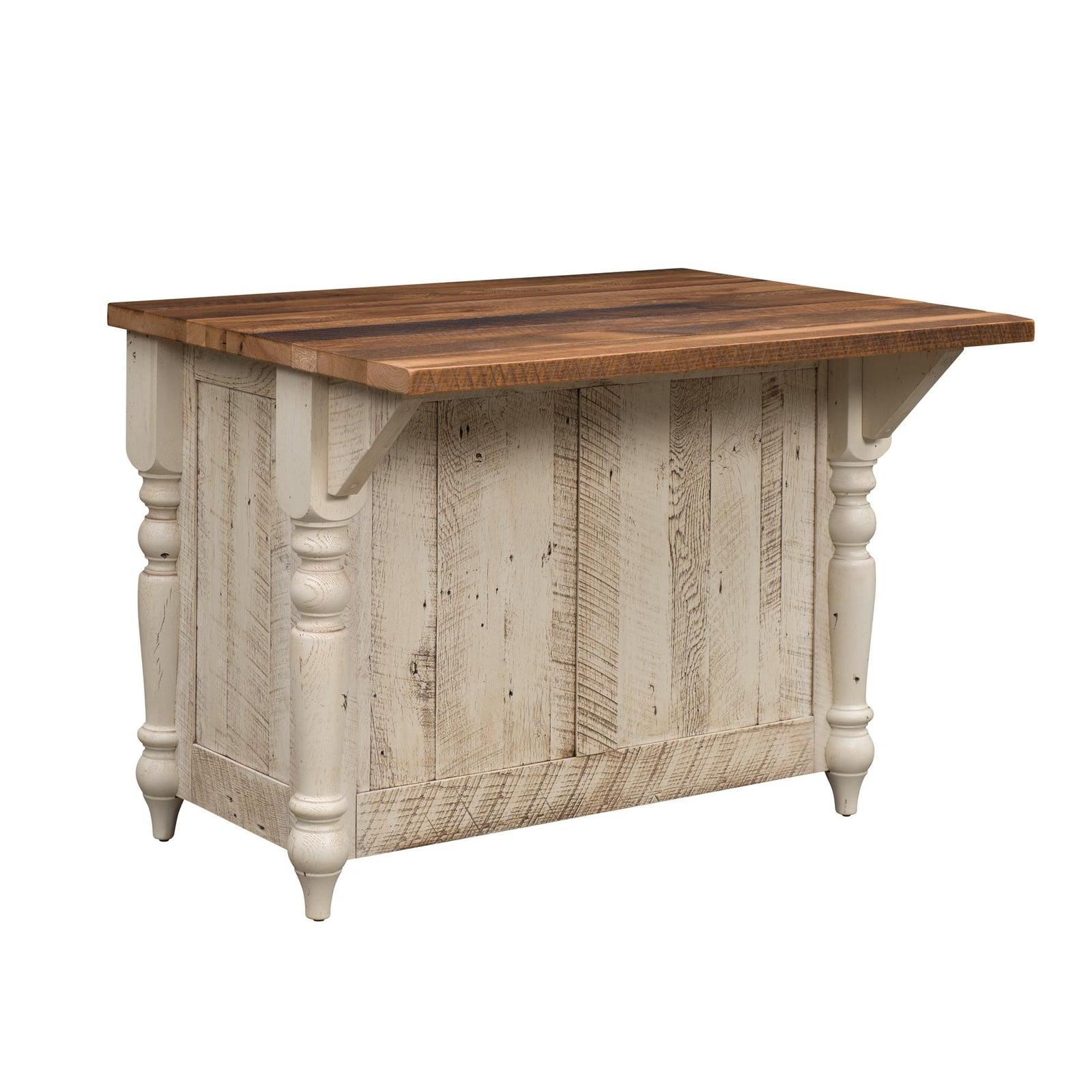 A rustic farmhouse-style kitchen island with a distressed off-white wood cabinet base and a dark brown wooden countertop, featuring two drawers and two cabinet doors with small metal knobs.